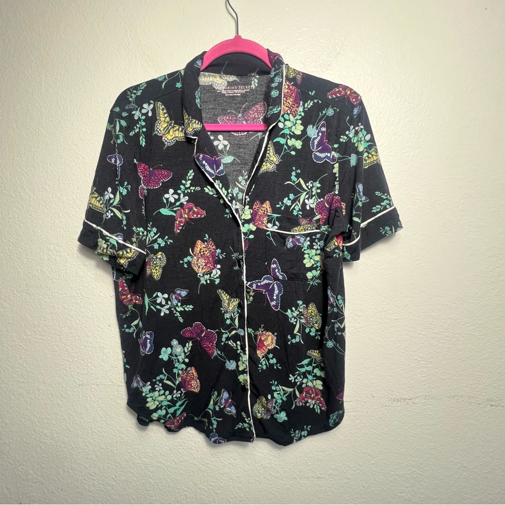 Victoria’s Secret Pijama Top Dark Gray With Butterfly Print Button-Up Size S